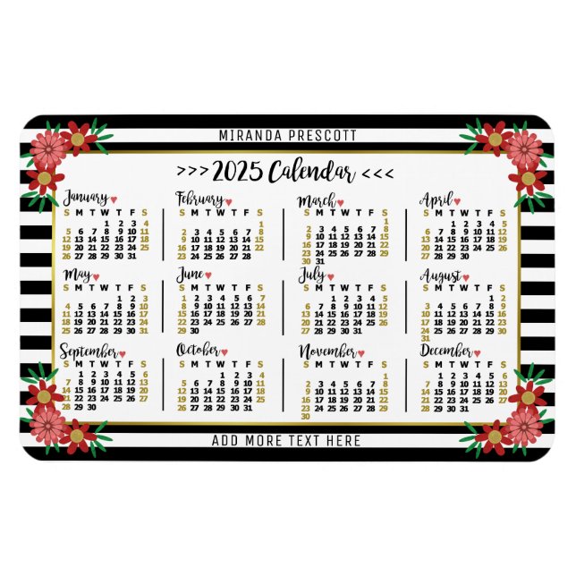 2025 Calendar Year Monthly Floral Stripes Preppy Magnet (Horizontal)