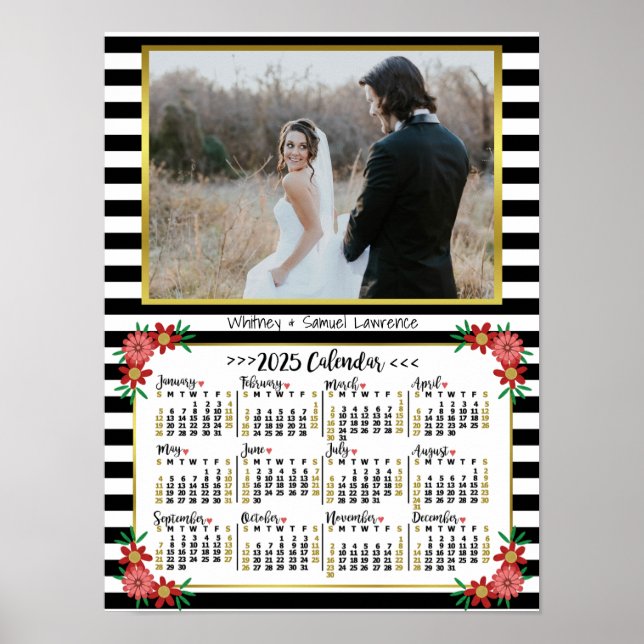 2025 Calendar Year Preppy Floral Stripes | Photo Poster (Front)