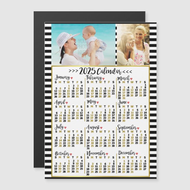 2025 Calendar Year Preppy Stripes | Custom Photos Magnetic Invitation (Front/Back)