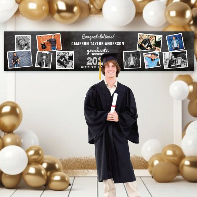 2025 Chalkboard Sketch 10 Photo Graduation Party Banner (2024 Black Chalkboard & White Sketch 10 Photo Graduation Party Banner @ www.zazzle.com/color_therapy)