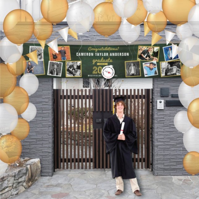 2025 Chalkboard Sketch 10 Photo Graduation Party Banner (20YY Green Chalkboard & Gold Sketch 10 Photo Graduation Party Banner @ www.zazzle.com/color_therapy)