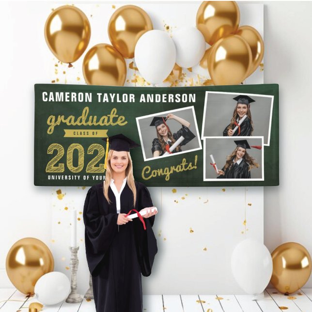 2025 Chalkboard Sketch 3 Photo Collage Grad Party Banner (2024 Green Chalkboard & Gold Sketch 4 Photo Graduation Party Banner @ www.zazzle.com/color_therapy)