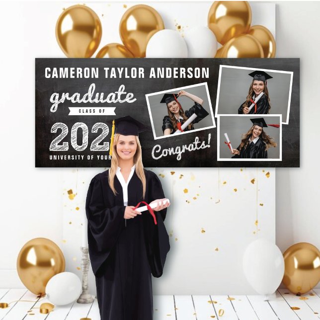 2025 Chalkboard Sketch 3 Photo Collage Grad Party Banner (2024 Black Chalkboard & White Sketch 4 Photo Graduation Party Banner @ www.zazzle.com/color_therapy)