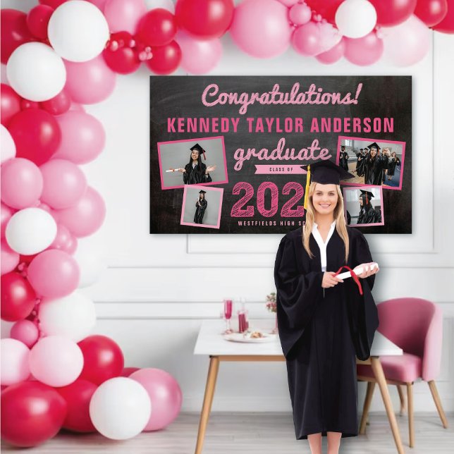 2025 Chalkboard Sketch 4 Photo Graduation Party Banner (2024 Black Chalkboard Fuchsia Sketch 4 Photo Graduation Party Banner @ www.zazzle.com/color_therapy)