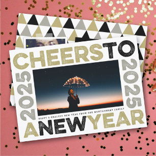 2025 Cheers To A New Year Typography Blocks Photo Holiday Card