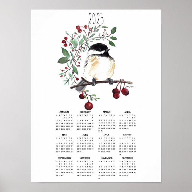 2025 Chickadee Berry Branch Poster Calendar (Front)