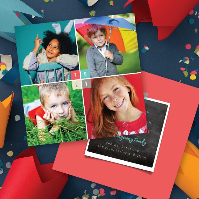 2025 Colour Blocks Modern New Year 4 Photo Collage Holiday Card (Creator Uploaded)