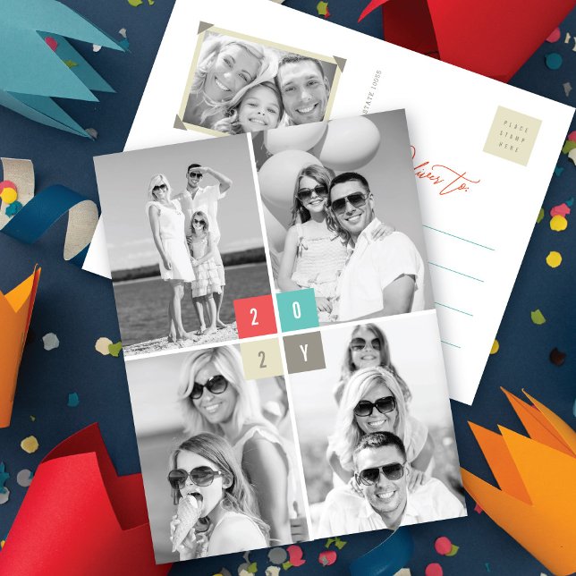 2025 Colour Blocks Modern New Year 4 Photo Collage Holiday Postcard (Creator Uploaded)