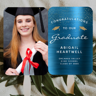 2025 Custom Photo Teal Blue Metallic Graduation Hand Fan