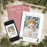 2025 Cute Minimalist Pink Christmas Photo Calendar Holiday Card<br><div class="desc">🌟This is for 2025🌟 Cute, Modern yet Rustic Christmas Holiday Photo Cards featuring adorable little forests of rustic Christmas trees and Merry Christmas in modern typography on a soft modern pastel colour palette of forest and sage green. We've put a 2025 calendar on the back for a card that lasts...</div>