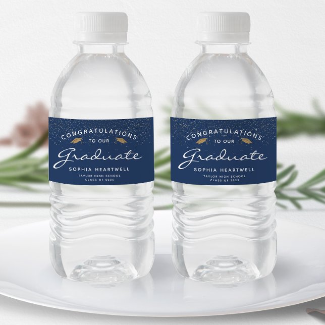 2025 Dark Blue Gold Cap White Script Graduation Water Bottle Label (Creator Uploaded)