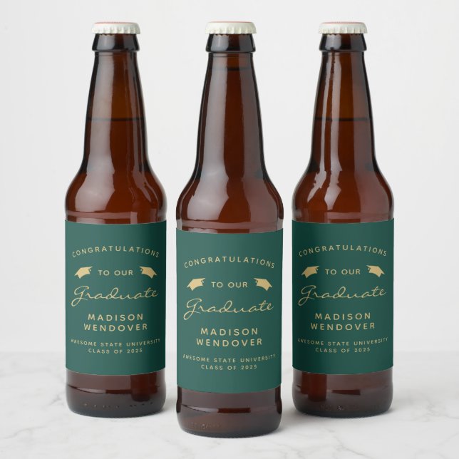 2025 Dark Green Gold Script Cap Graduation Beer Bottle Label (Bottles)