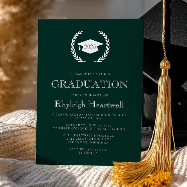2025 Dark Green White Laurel Wreath Cap Grad Party Invitation (Creator Uploaded)