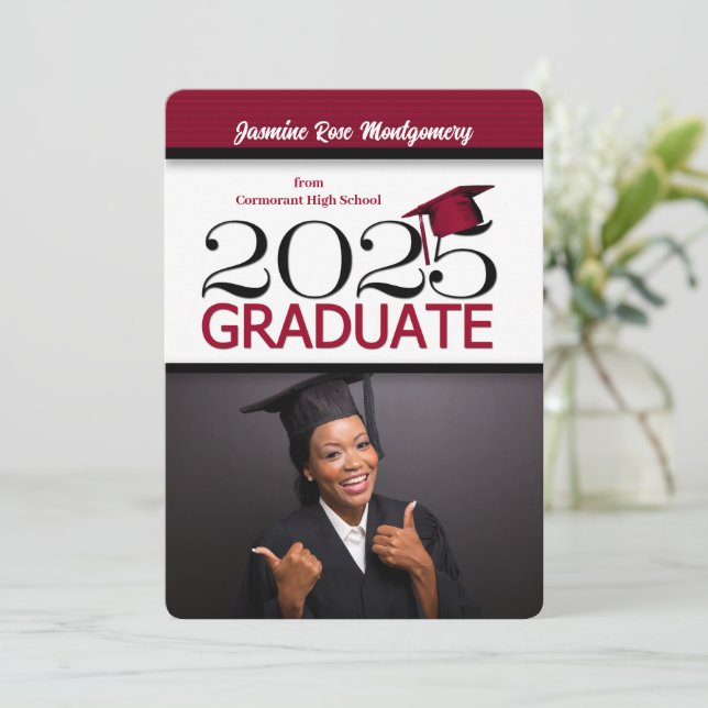 2025 Deep Red and Black Photo Graduation Invitation (Standing Front)