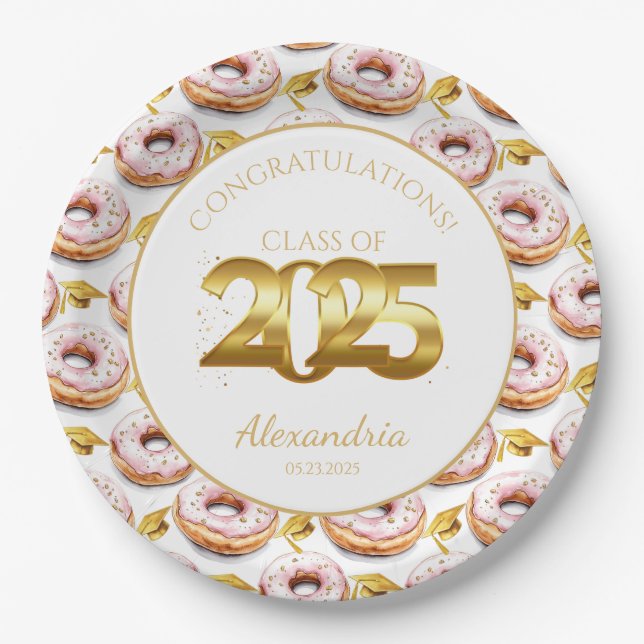 2025 Doughnuts and Degrees Gold Graduation Paper Plate (Front)