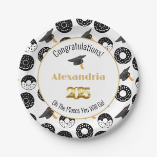 2025 Doughnuts and Degrees Modern Black and White Paper Plate