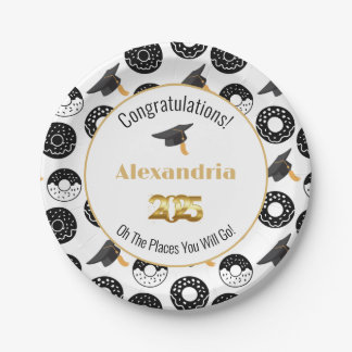 2025 Doughnuts and Degrees Modern Black and White Paper Plate