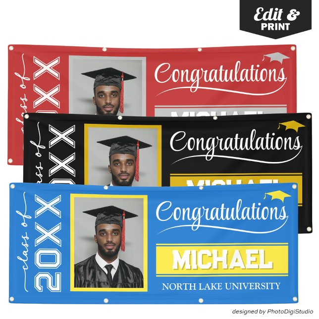 2025 Editable Graduation Banner with Name & School (2025 Editable Graduation Banner with Name & School, Royal Blue and Yellow Banner Outdoor Horizontal)
