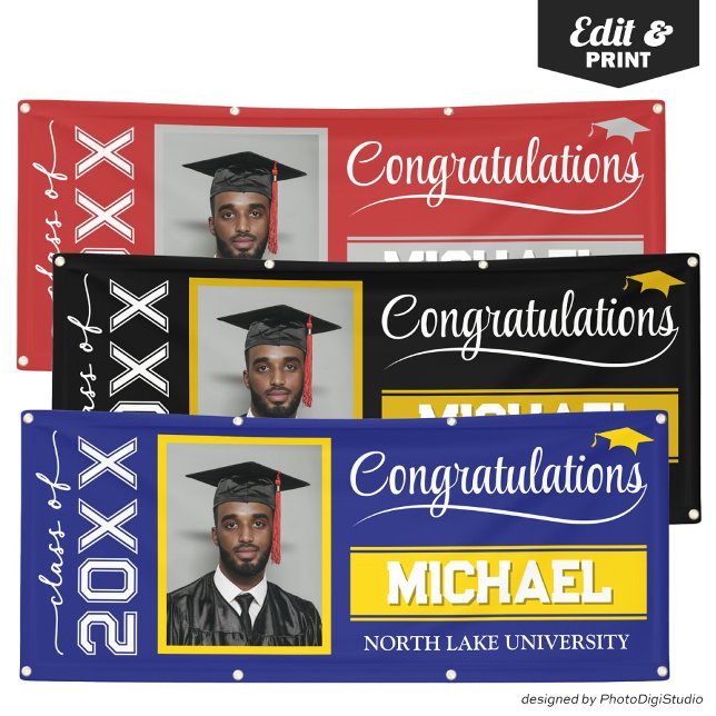 2025 Editable Graduation Banner with Name & School (2025 Editable Graduation Banner with Name & School, Navy Blue and Gold Banner Outdoor Horizontal)