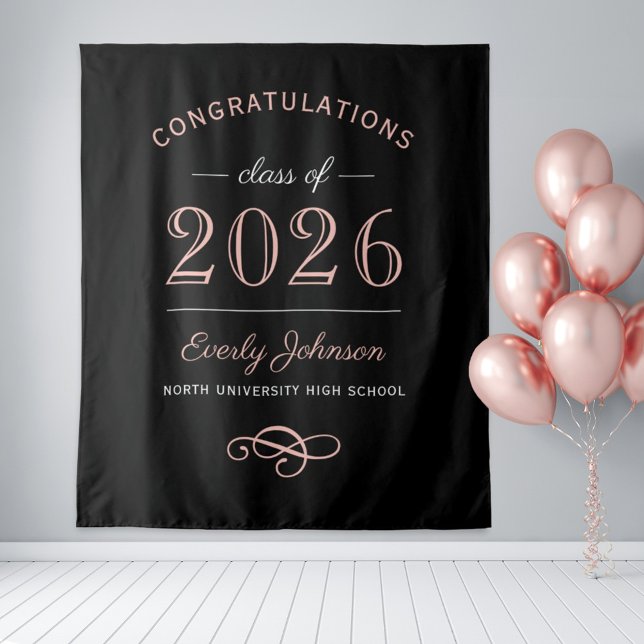 2025 Elegant Rose Gold Black Custom Graduation Tapestry (Creator Uploaded)
