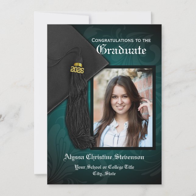 2025 Elegant Teal Tassel Charm Photo Graduation Invitation (Front)