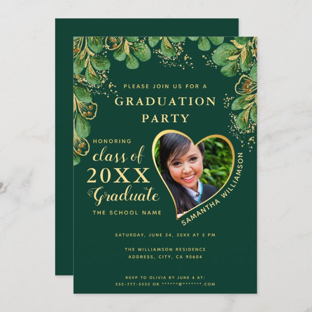2025 Emerald Green Gold Floral Photo Graduation Invitation (Front/Back)