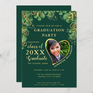 2025 Emerald Green Gold Floral Photo Graduation Invitation