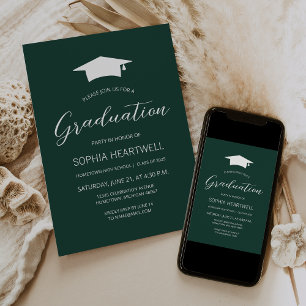 2025 Emerald Green White Cap Graduation Party Invitation