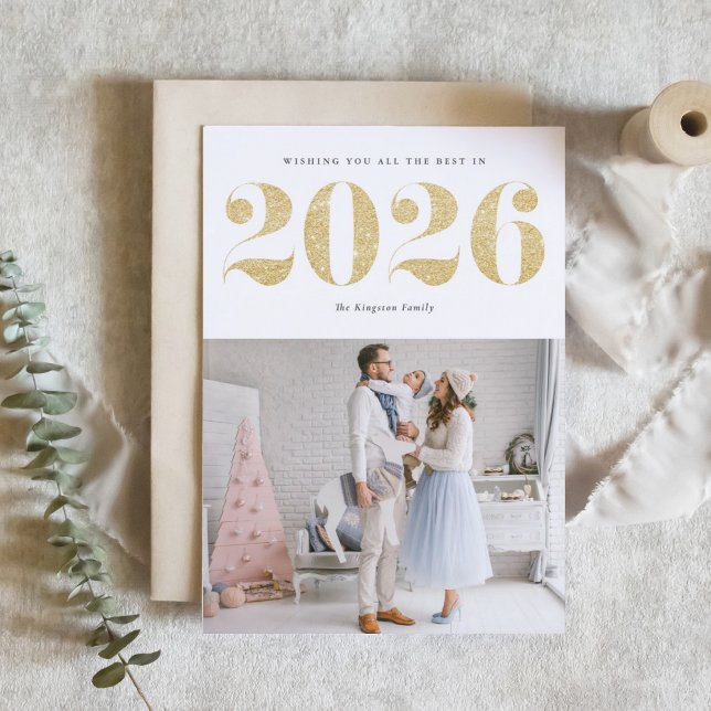 2025 Faux Gold Glitter Modern Happy New Year Holiday Card (Ring in 2026 with this sparkly Happy New Year photo card featuring faux gold glitter.)