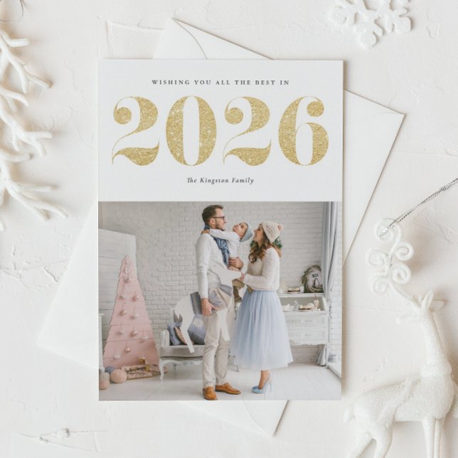 2025 Faux Gold Glitter Modern Happy New Year Holiday Card (Ring in 2026 with this sparkly Happy New Year photo card featuring faux gold glitter.)