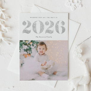 2025 Faux Silver Glitter Happy New Year Photo Holiday Card