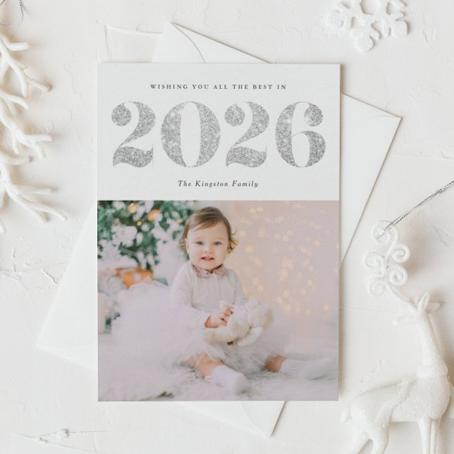 2025 Faux Silver Glitter Happy New Year Photo Holiday Card (Customizable photo 2026 Happy New Year card featuring festive faux silver foil glitter.)