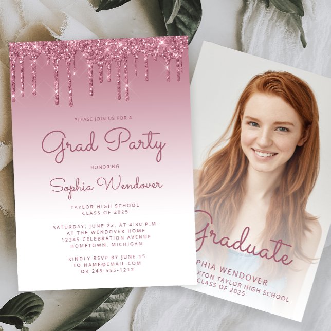 2025 Glam Burgundy Glitter Drip Photo Graduation Invitation (Creator Uploaded)