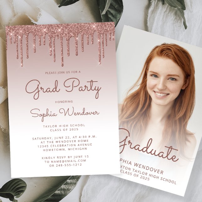 2025 Glam Rose Gold Glitter Drip Photo Graduation Invitation (Creator Uploaded)