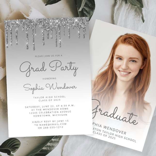 2025 Glam Silver Glitter Drip Photo Graduation Invitation (Creator Uploaded)