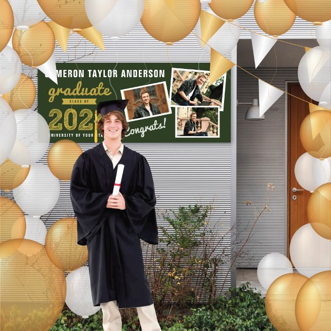 2025 Gold Graduate Sketch 3 Photo Graduation Party Banner (2024 Green & Gold Sketch, 3 Photo Modern Graduation Party Banner @ www.zazzle.com/color_therapy)