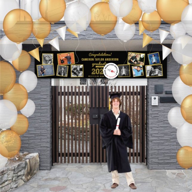 2025 Gold Sketch 10 Photo Collage Graduation Party Banner (20YY Black And Gold Sketch 10 Photo Modern Graduation Party Banner @ www.zazzle.com/color_therapy)