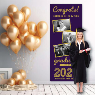 2025 Gold Sketch 3 Photo Collage Graduation Party Banner