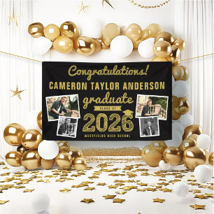 2025 Gold Sketch 4 Photo Congrats Graduation Party Banner