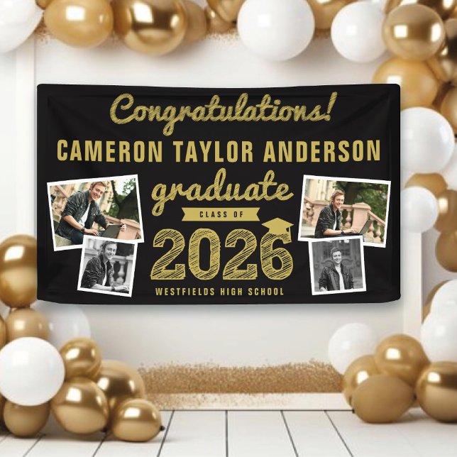 2025 Gold Sketch 4 Photo Congrats Graduation Party Banner (2026 Black And Gold Sketch 4 Photo Modern Graduation Party Banner @ www.zazzle.com/color_therapy)