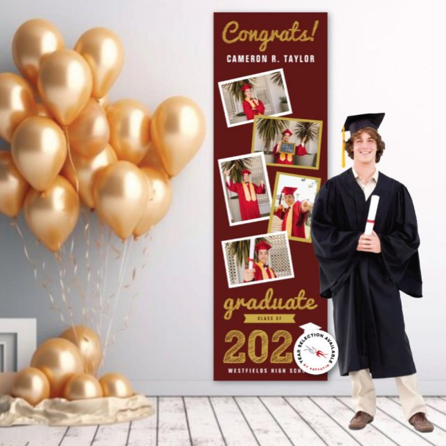 2025 Gold Sketch 5 Photo Collage Graduation Party Banner (20YY Burgundy Red & Gold Sketch, 5 Photo Graduation Party Banner @ www.zazzle.com/color_therapy)