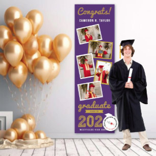 2025 Gold Sketch 5 Photo Collage Graduation Party Banner