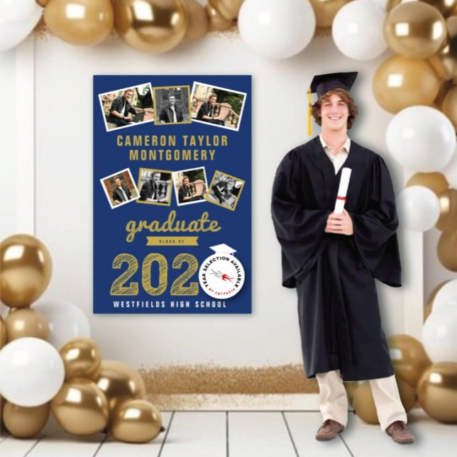 2025 Gold Sketch Grad 7 Photo Collage Graduation Poster (20YY Navy Blue And Gold Sketch 7 Photo Modern Graduation Party Poster @ www.zazzle.com/color_therapy)