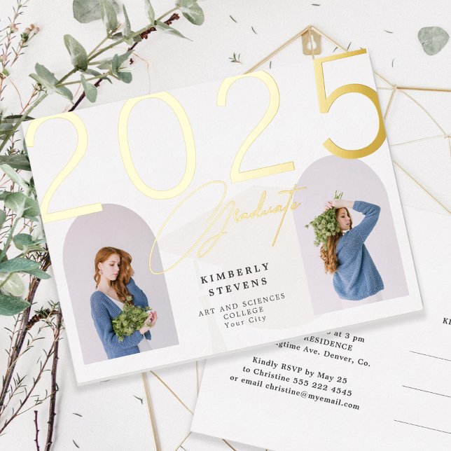 2025 Graduate 2 arch photos graduation party Foil Invitation Postcard (Creator Uploaded)