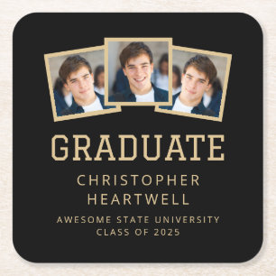 2025 Graduate 3-Photo Black and Gold Square Paper Coaster