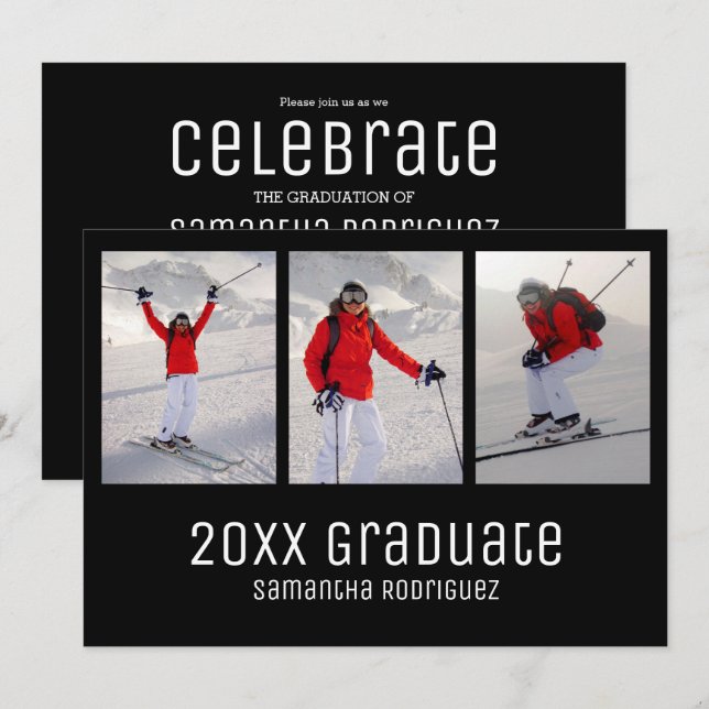 2025 Graduate Black 3 Photo Graduation Party Invitation (Front/Back)