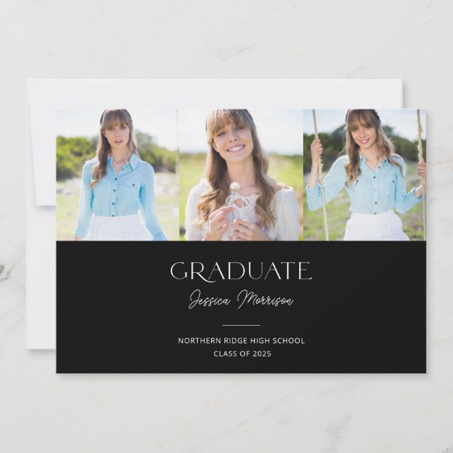 2025 Graduate Black & White 3-Photo Grad Party Invitation (Front)