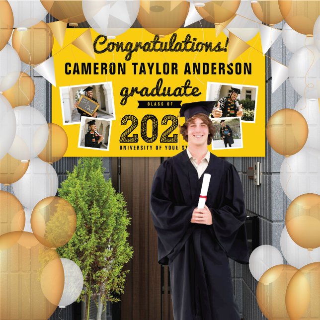 2025 Graduate Bold Sketch 4 Photo Graduation Party Banner (2024 Yellow & Black Sketch 4 Photo Modern Graduation Party Banner @ www.zazzle.com/color_therapy)