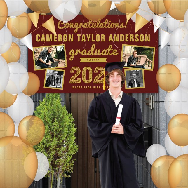 2025 Graduate Bold Sketch 4 Photo Graduation Party Banner (2024 Burgundy Red & Gold Sketch, 4 Photo Graduation Party Banner @ www.zazzle.com/color_therapy)