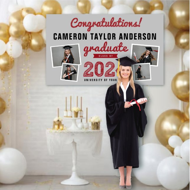 2025 Graduate Bold Sketch 4 Photo Graduation Party Banner (2024 Light Grey & Red Sketch 4 Photo Modern Graduation Party Banner @ www.zazzle.com/color_therapy)